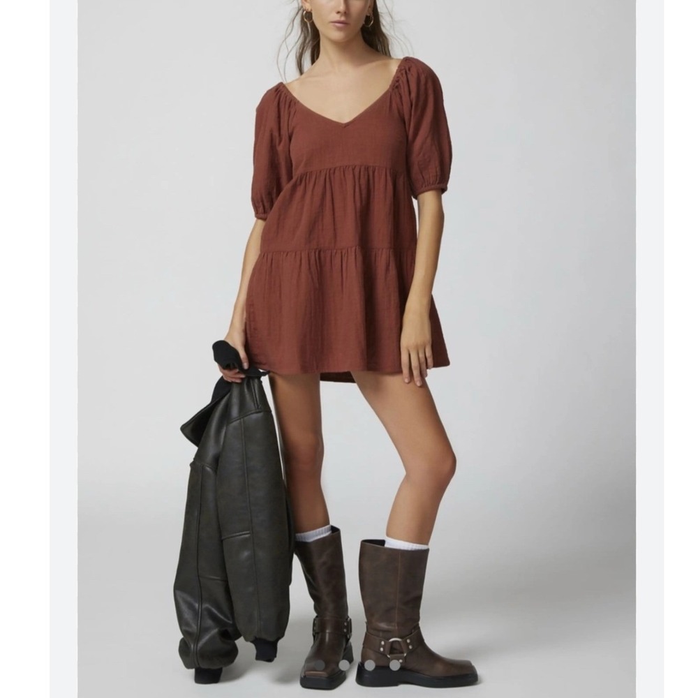 Billabong Fall For Ya Brown Cotton Gauze Tiered Puff Sleeve Mini Dress NWT Small